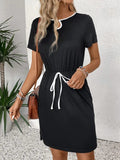 Tied Round Neck Short Sleeve Mini Dress - Trendsi