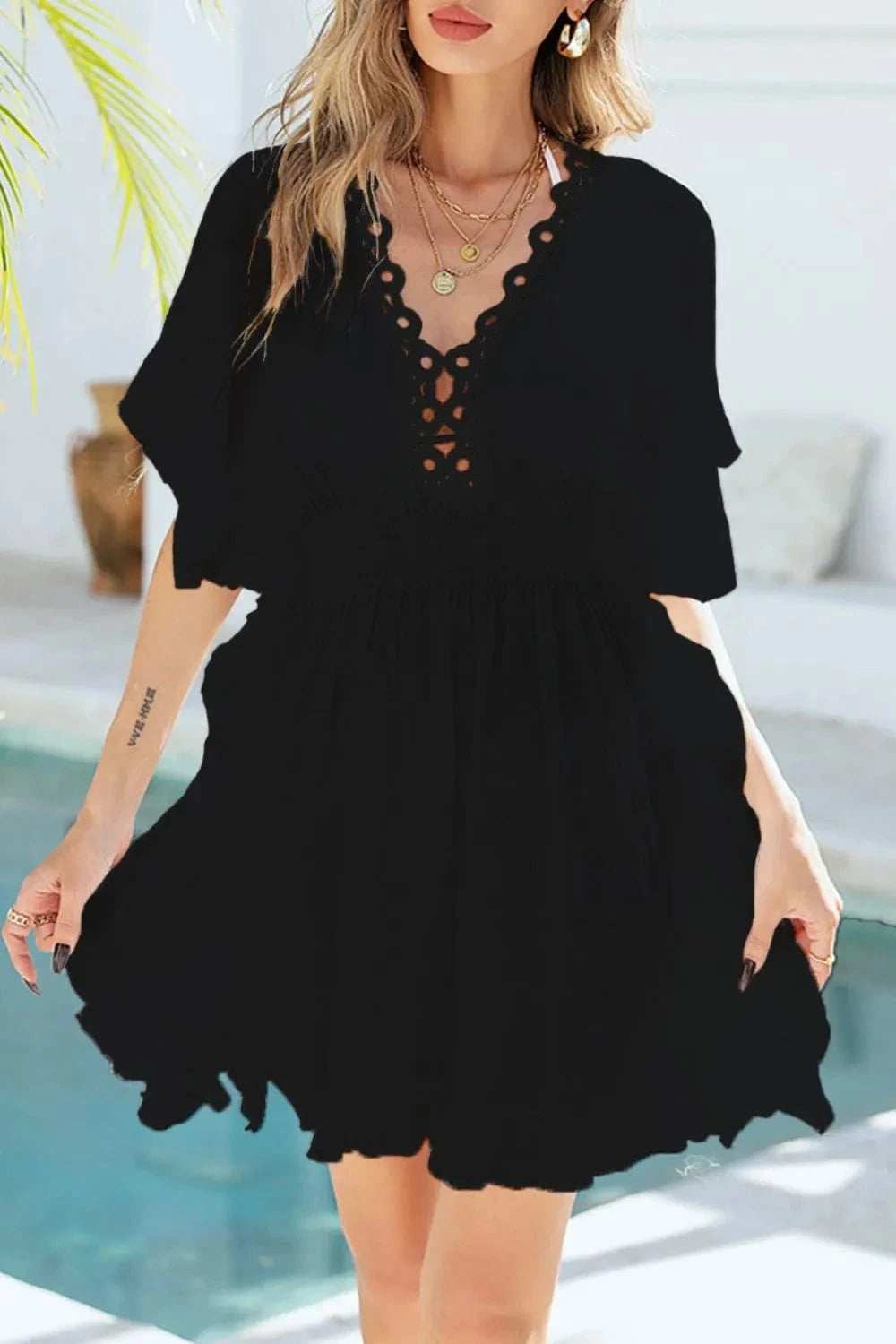 Ruffled Smocked Waist V-Neck Cover-Up - Trendsi - Flyclothing LLC