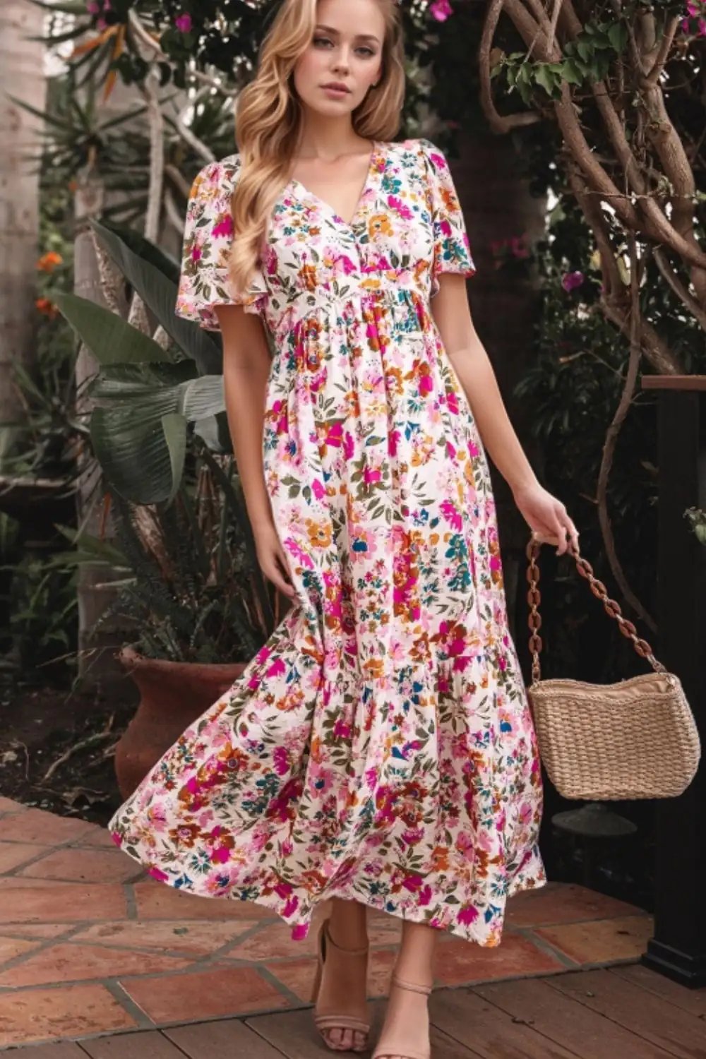 Floral Short Sleeve V Neck Dress with Pockets - Trendsi
