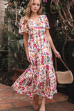 Floral Short Sleeve V Neck Dress with Pockets - Trendsi