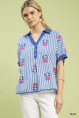 Umgee Stripe Embroidered Button-Front Boho Blouse - Trendsi - Flyclothing LLC