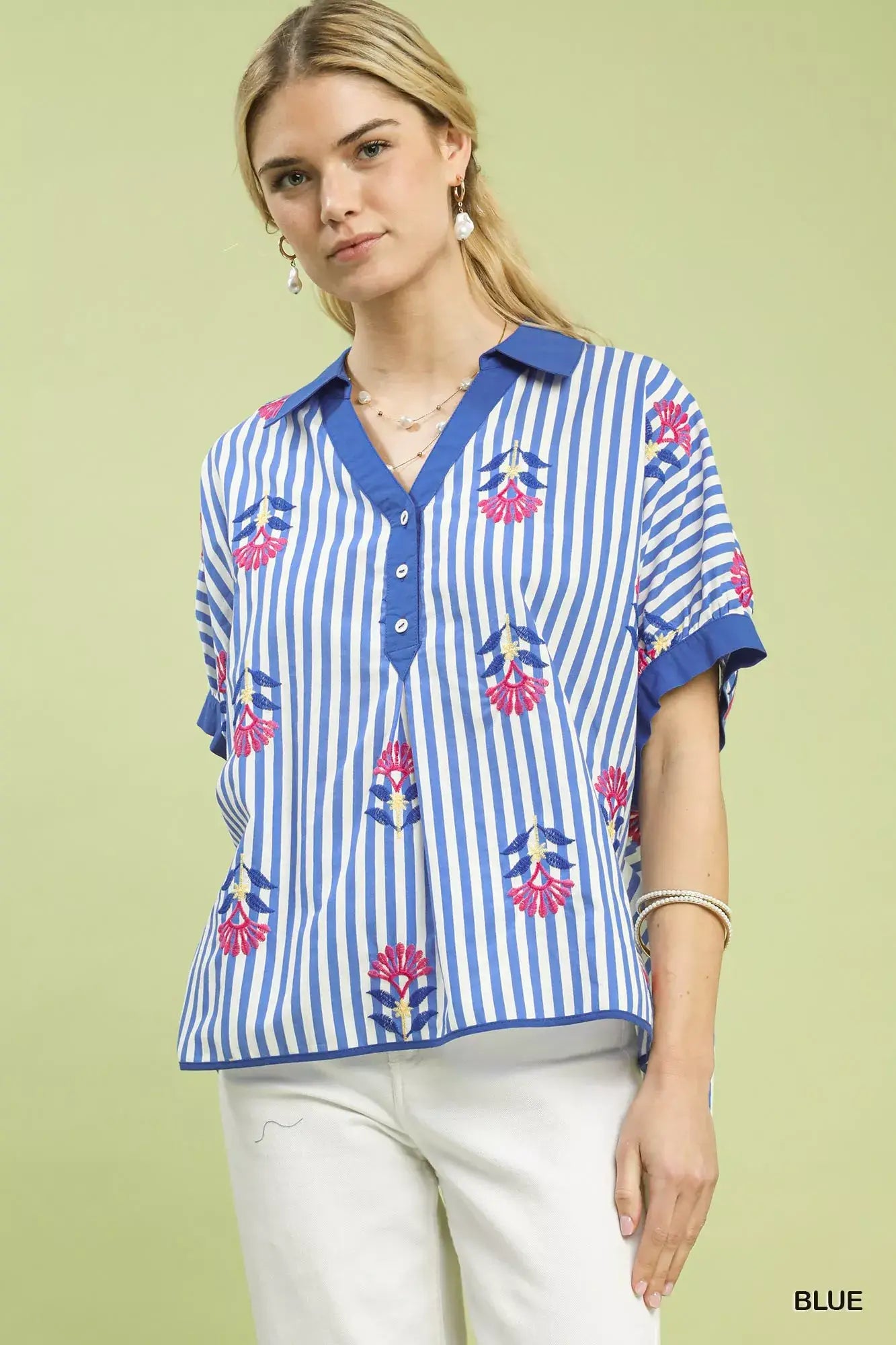 Umgee Stripe Embroidered Button-Front Boho Blouse - Trendsi - Flyclothing LLC