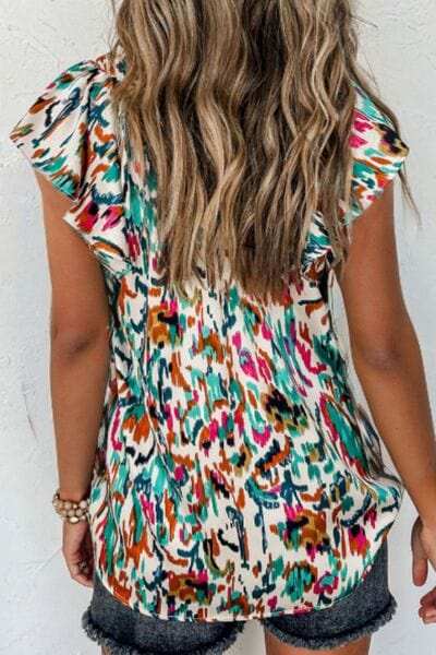 Abstract Print Ruffle Sleeve Blouse - Trendsi - Flyclothing LLC