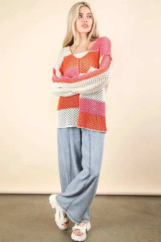 VERY J Color Block Oversized Summer Knit Cover Up - Trendsi - Flyclothing LLC