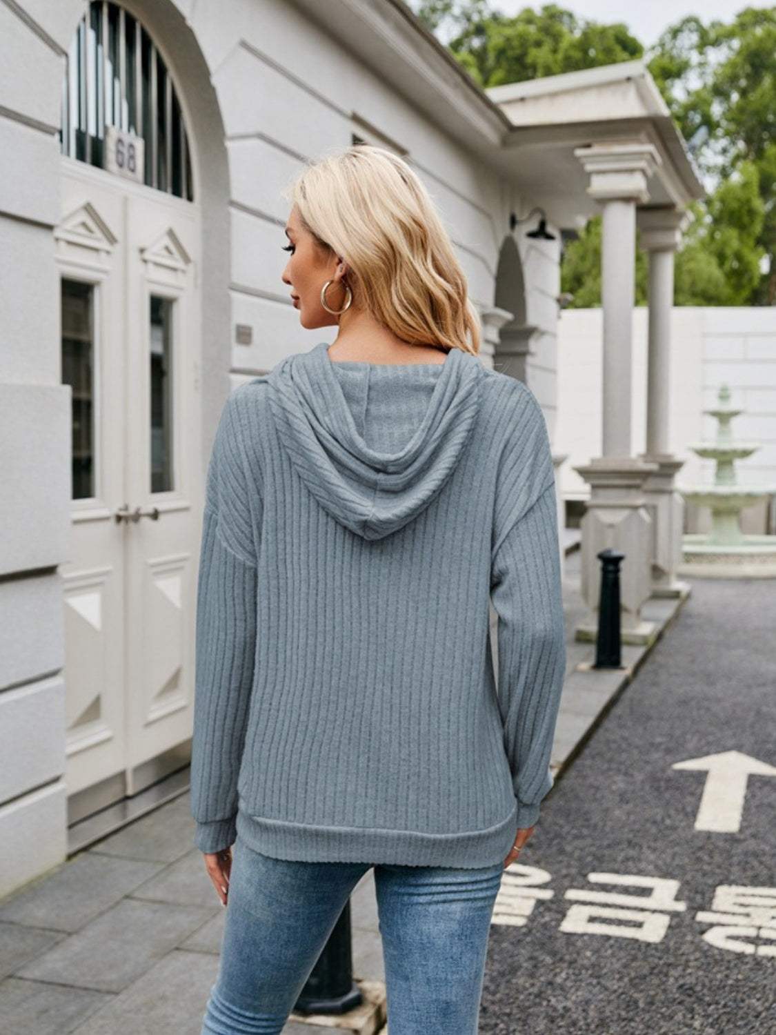 Ribbed Drawstring Long Sleeve Hoodie - Trendsi - Flyclothing LLC