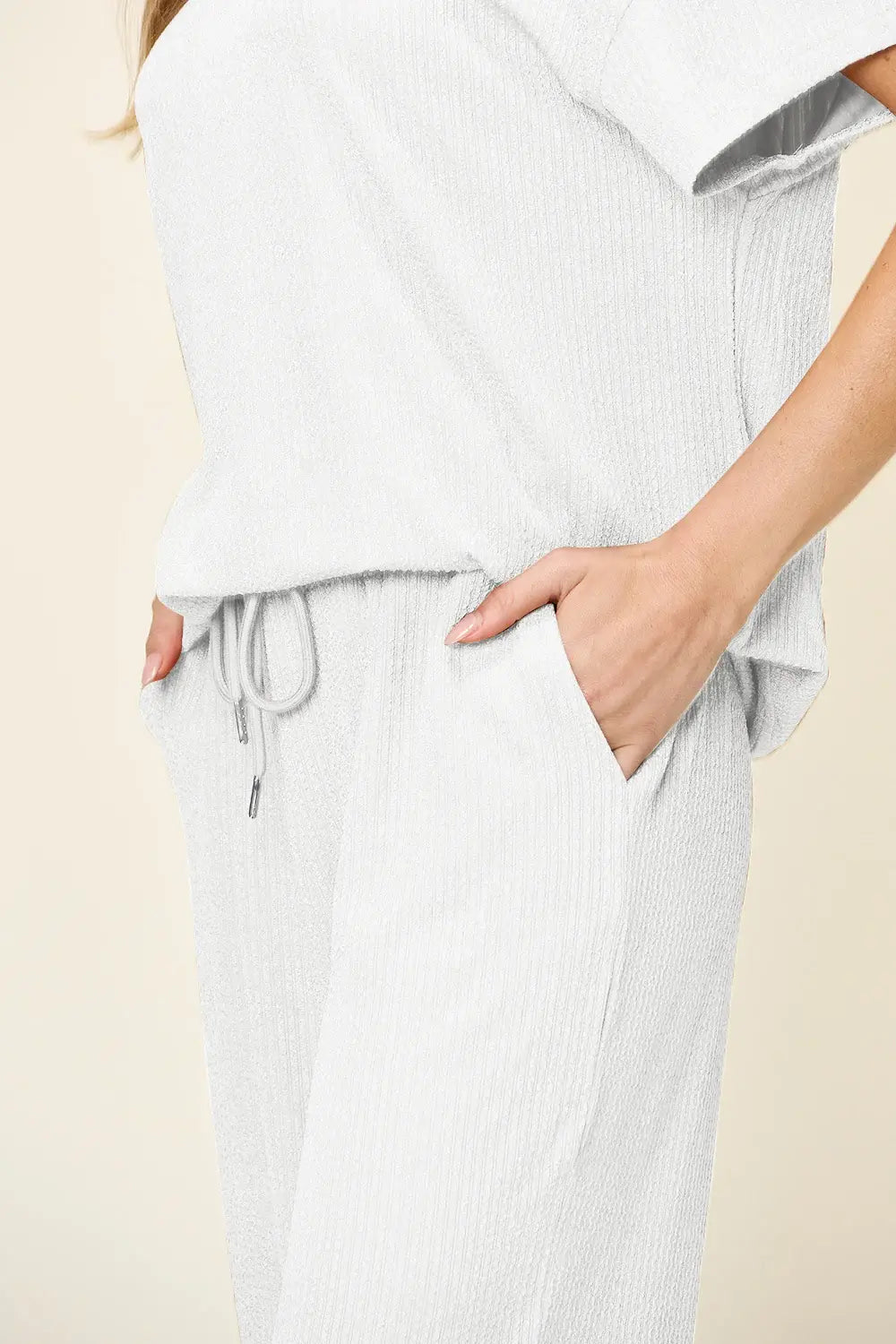 Double Take Full Size Texture Round Neck Short Sleeve T-Shirt and Wide Leg Pants - Trendsi - Flyclothing LLC