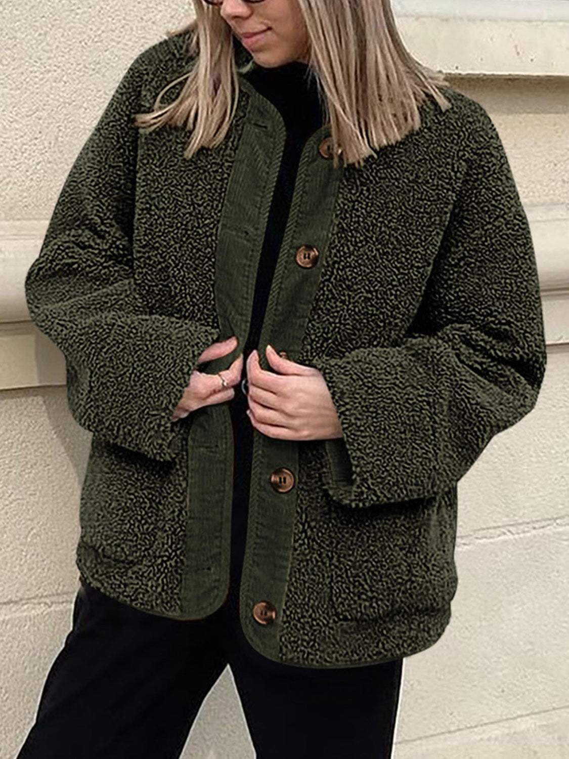 Contrast Button Up Sherpa Jacket with Pockets - Trendsi - Flyclothing LLC