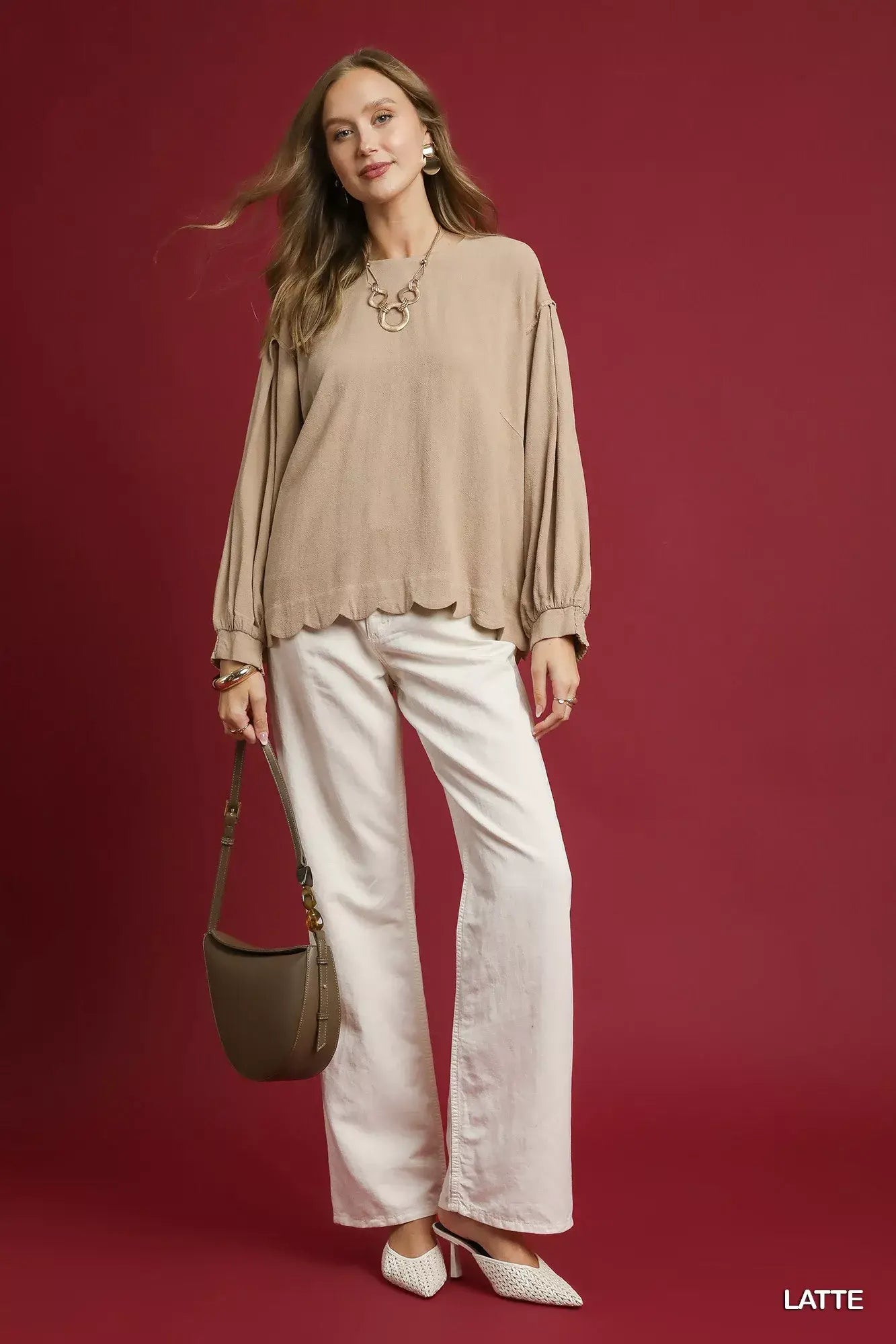 Umgee Linen Scallop Hem Long Sleeve Blouse - Trendsi - Flyclothing LLC