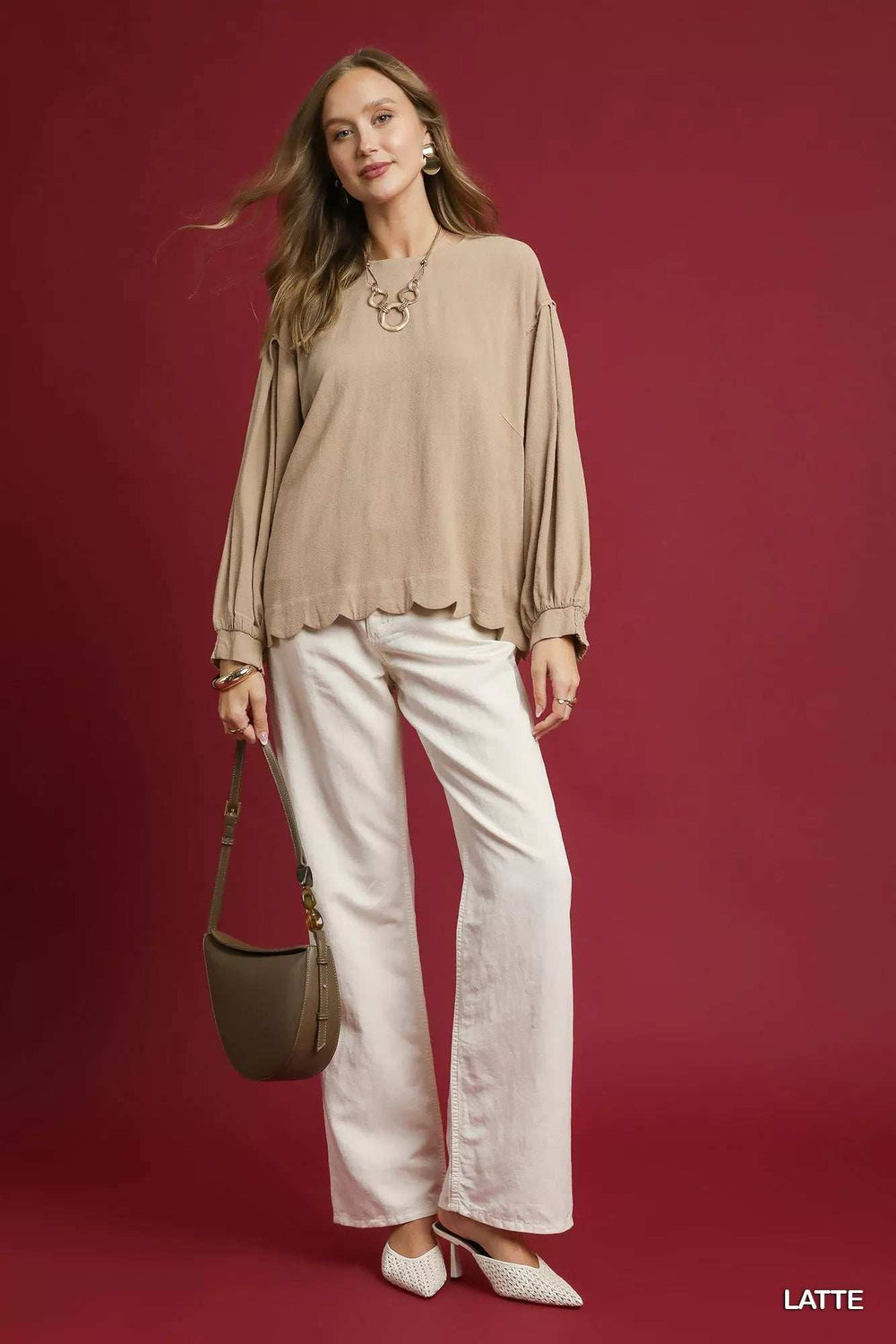 Umgee Linen Scallop Hem Long Sleeve Blouse - Trendsi - Flyclothing LLC