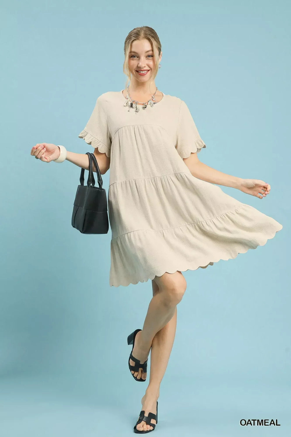 Umgee Linen Tiered Babydoll Dress with Ruffle Sleeves - Trendsi - Flyclothing LLC