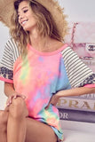 BiBi Tie Dye French Terry Top With Stripe Raglan - Trendsi - Flyclothing LLC