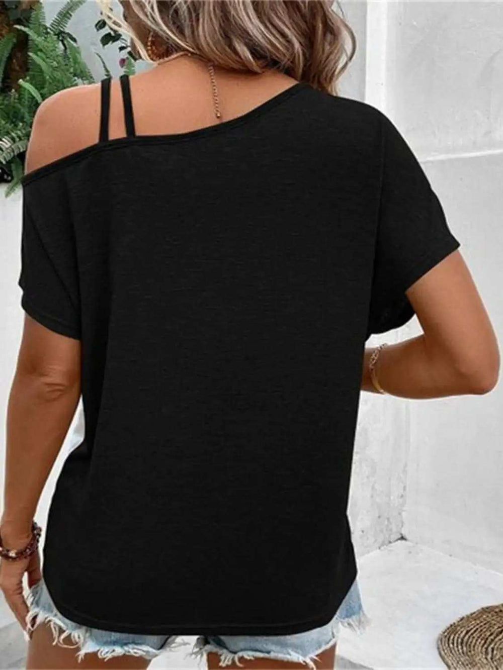 Contrast Asymmetrical Neck Short Sleeve T-Shirt - Trendsi - Flyclothing LLC