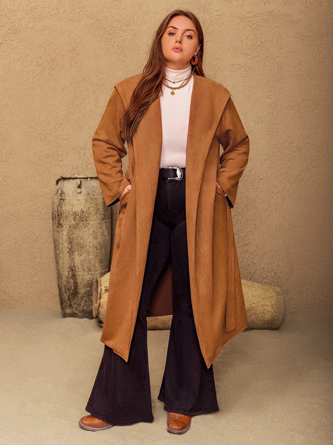 Plus Size Tied Long Sleeve Hooded Coat with Pockets - Trendsi