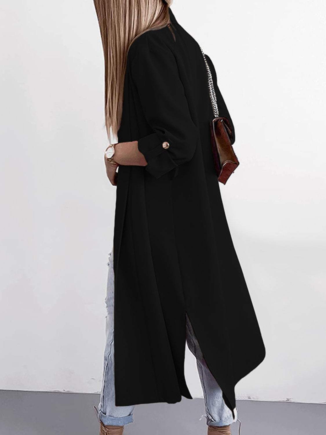 Slit Open Front Roll-Tab Sleeve Trench Coat - Trendsi - Flyclothing LLC