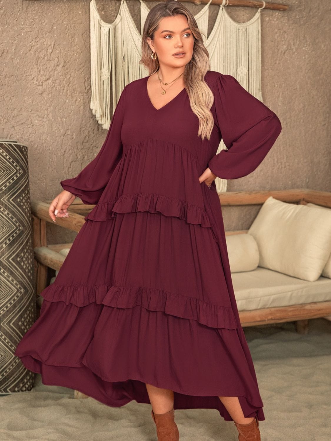 Plus Size Ruffled V-Neck Long Sleeve Dress - Trendsi