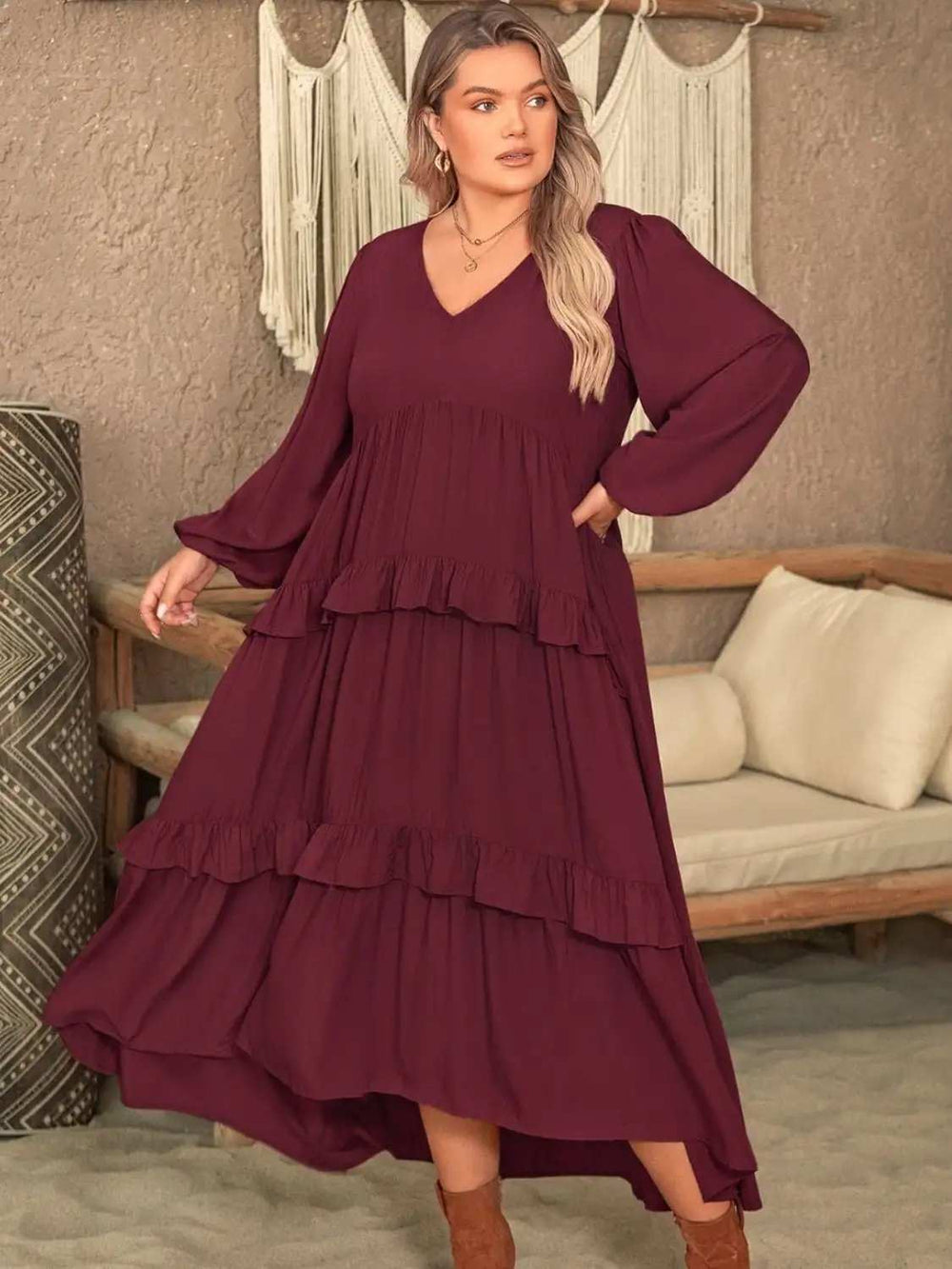 Plus Size Ruffled V-Neck Long Sleeve Dress - Trendsi - Flyclothing LLC
