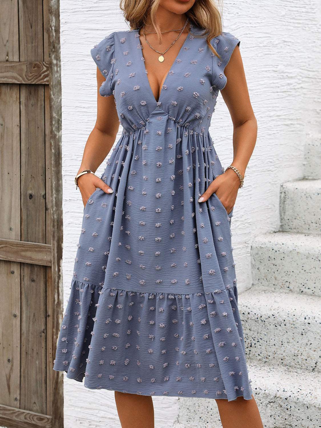 Swiss Dot V-Neck Cap Sleeve Dress - Trendsi - Flyclothing LLC