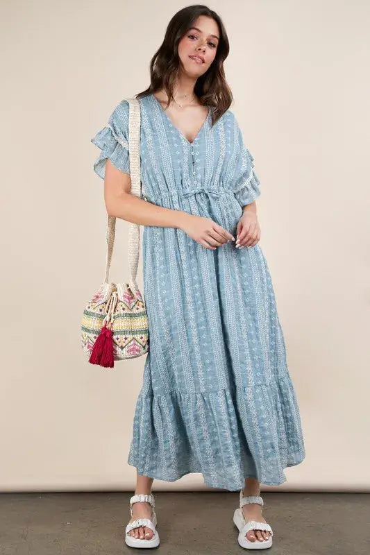 VERY J Embroidered Boho Ruffled Midi Dress - Trendsi - Flyclothing LLC