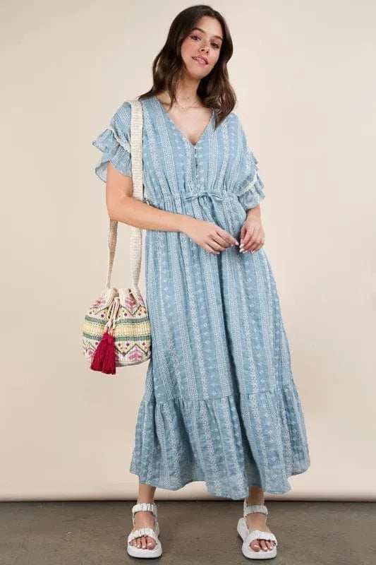 VERY J Embroidered Boho Ruffled Midi Dress - Trendsi - Flyclothing LLC