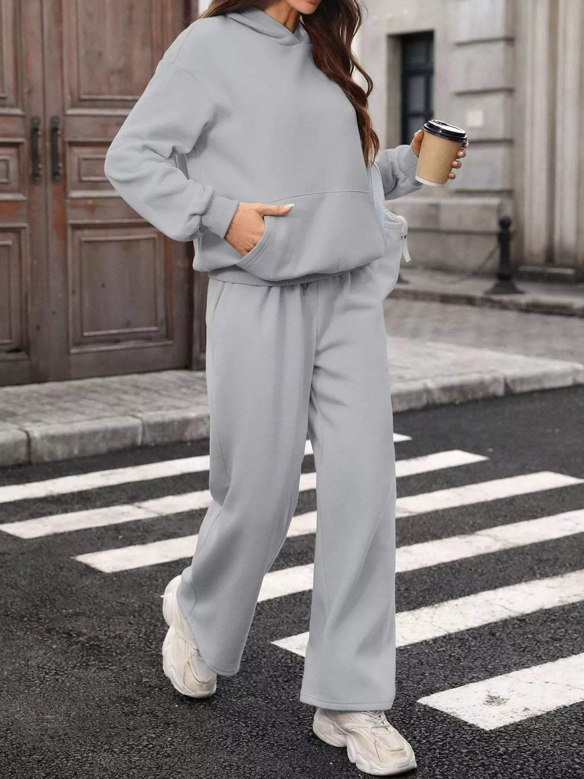 Kangaroo Pocket Hoodie and Wide-Leg Pant Set - Trendsi - Flyclothing LLC