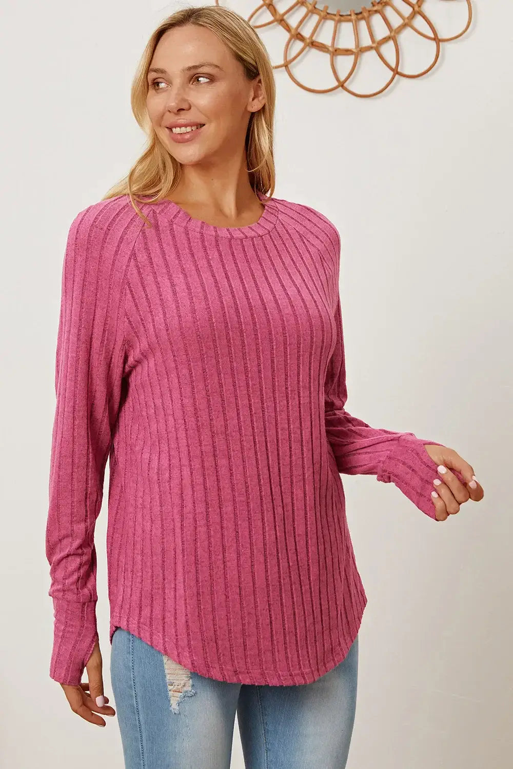 Basic Bae Full Size Ribbed Thumbhole Sleeve T-Shirt - ShopBasicbae - Flyclothing LLC