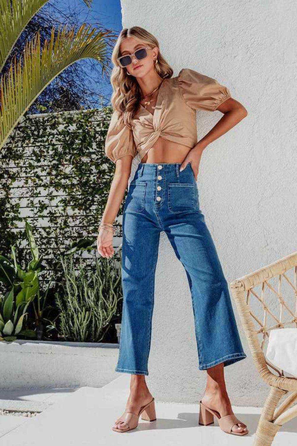 Button Fly Cropped Wide Leg Jeans - Trendsi - Flyclothing LLC