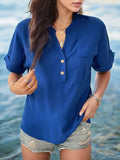 Buttoned Notched Short Sleeve Blouse - Trendsi