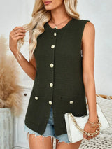 Button Down Round Neck Knit Vest - Trendsi - Flyclothing LLC