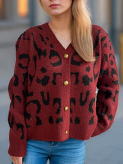 Leopard V-Neck Button Up Cardigan - Trendsi