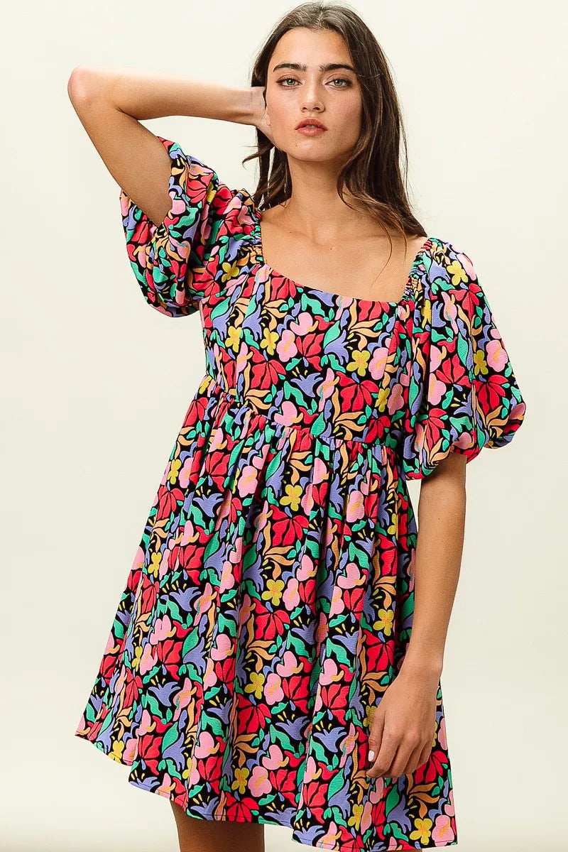 BiBi Floral Print Puff Square Neck Dress - Trendsi - Flyclothing LLC
