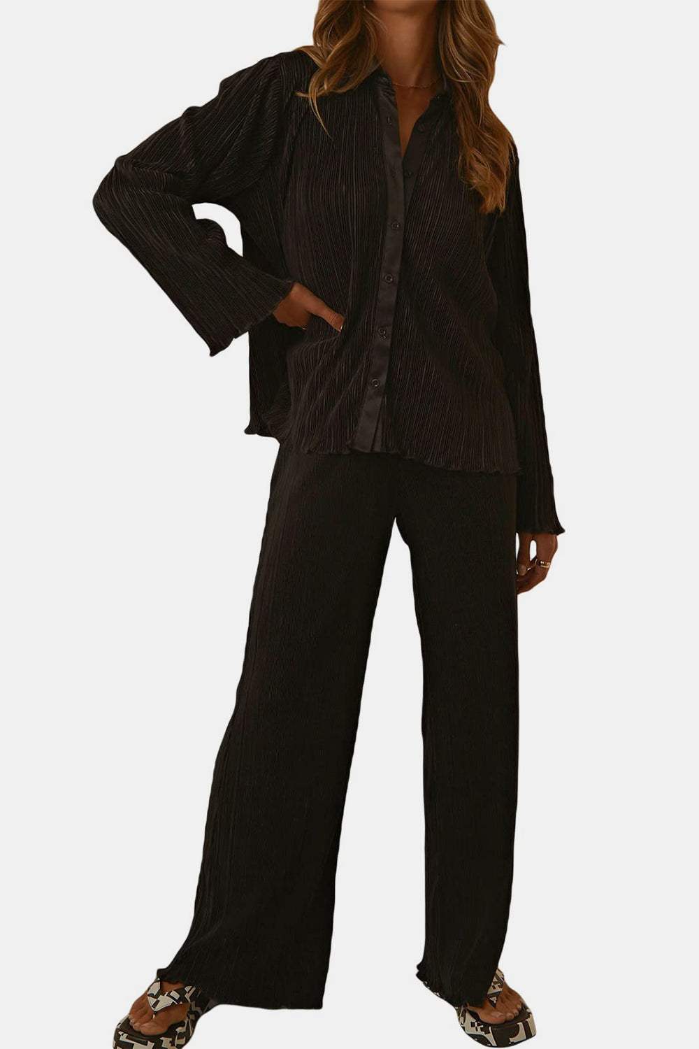 Textured Button Up Collared Neck Top and Pants Set - Trendsi - Flyclothing LLC