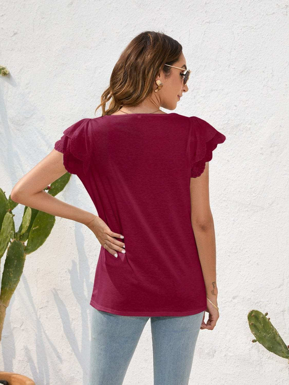 Ruffled Square Neck Cap Sleeve Blouse - Trendsi - Flyclothing LLC