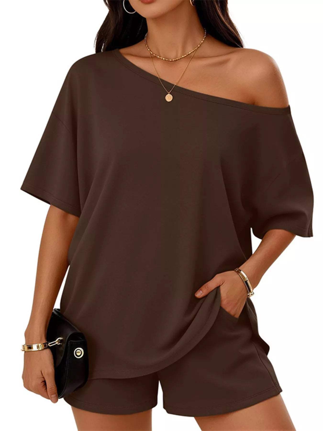 Full Size Boat Neck Tee and Shorts Set Plus Size - Trendsi - Flyclothing LLC