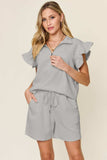 Double Take Full Size Texture Flounce Sleeve Top and Drawstring Shorts Set - Trendsi - Flyclothing LLC