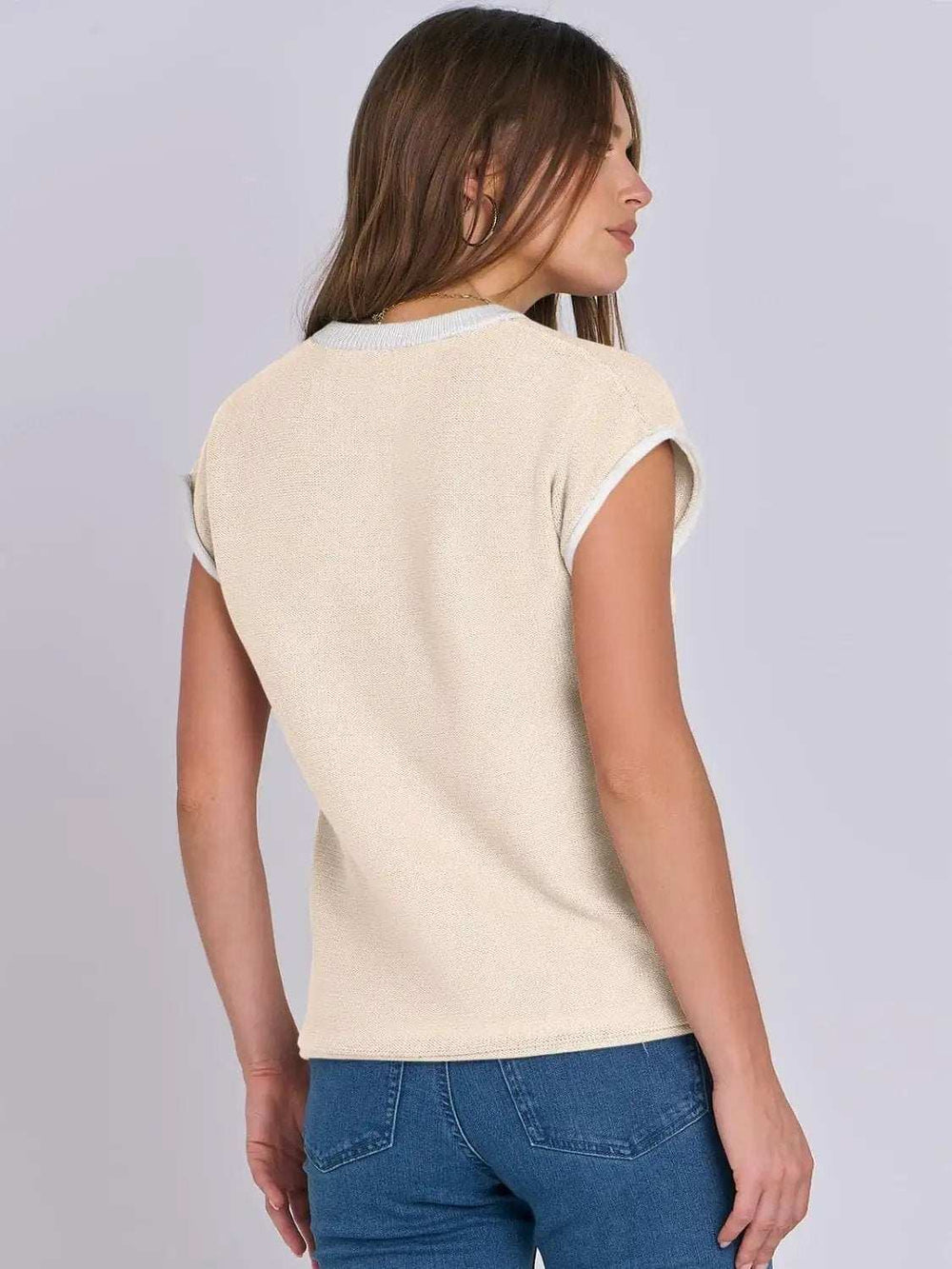 Mandy Contrast Round Neck Cap Sleeve Sweater - Trendsi - Flyclothing LLC
