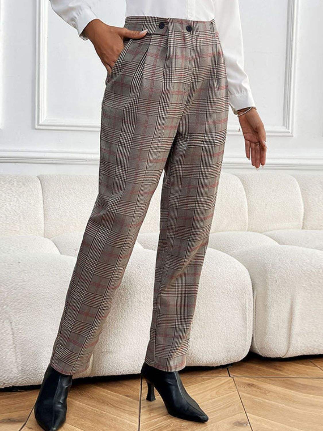 Perfee Plaid Straight Pants with Pockets - Trendsi - Flyclothing LLC