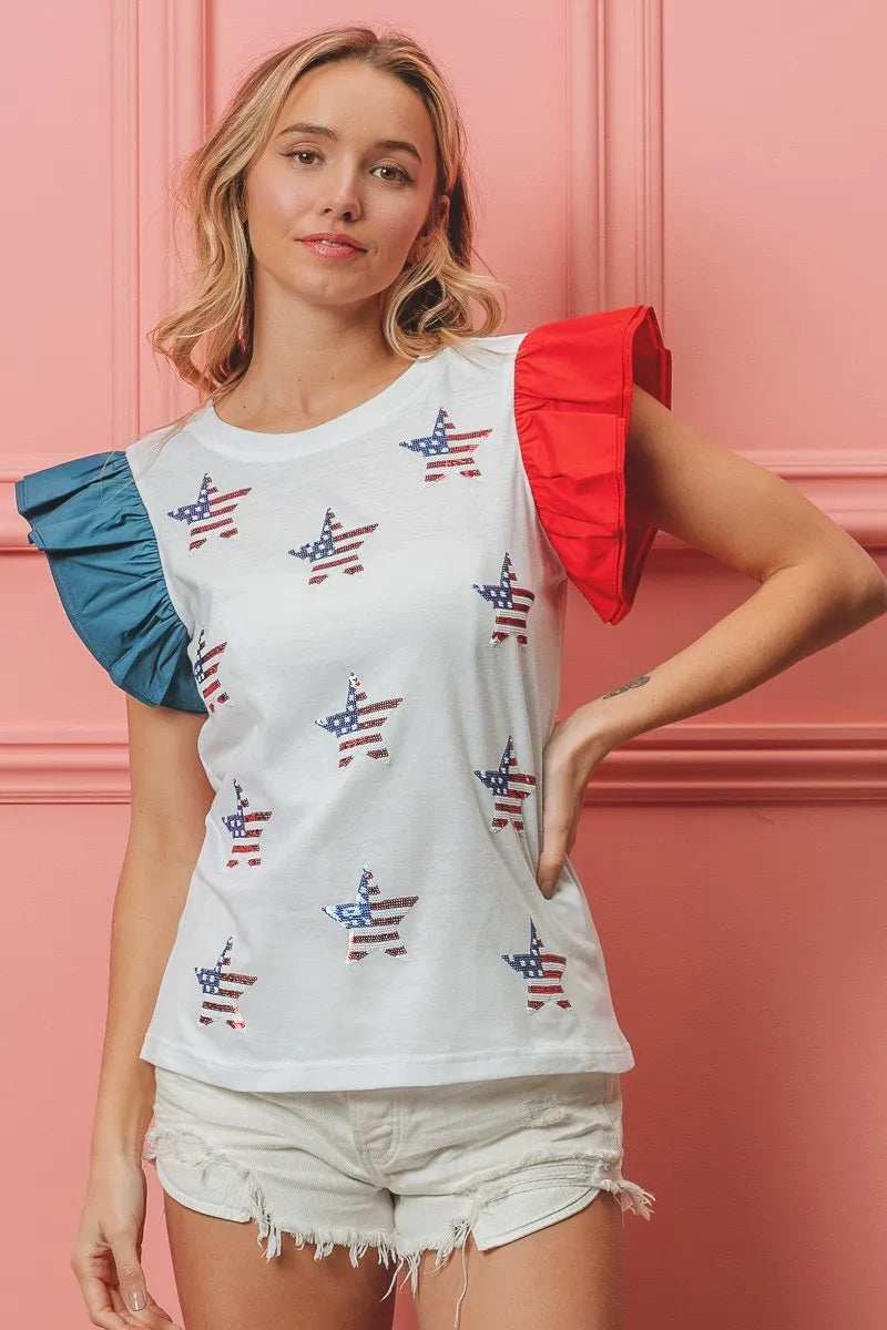 BiBi American Flag Sequin Stars Top - Trendsi - Flyclothing LLC