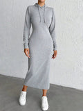Drawstring Long Sleeve Hooded Midi Dress - Trendsi