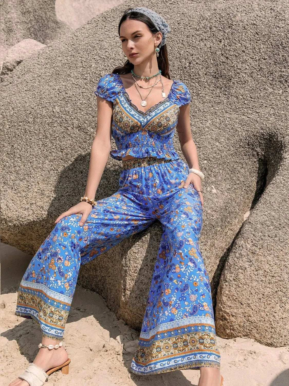 Printed V-Neck Top and Pants Set - Trendsi - Flyclothing LLC