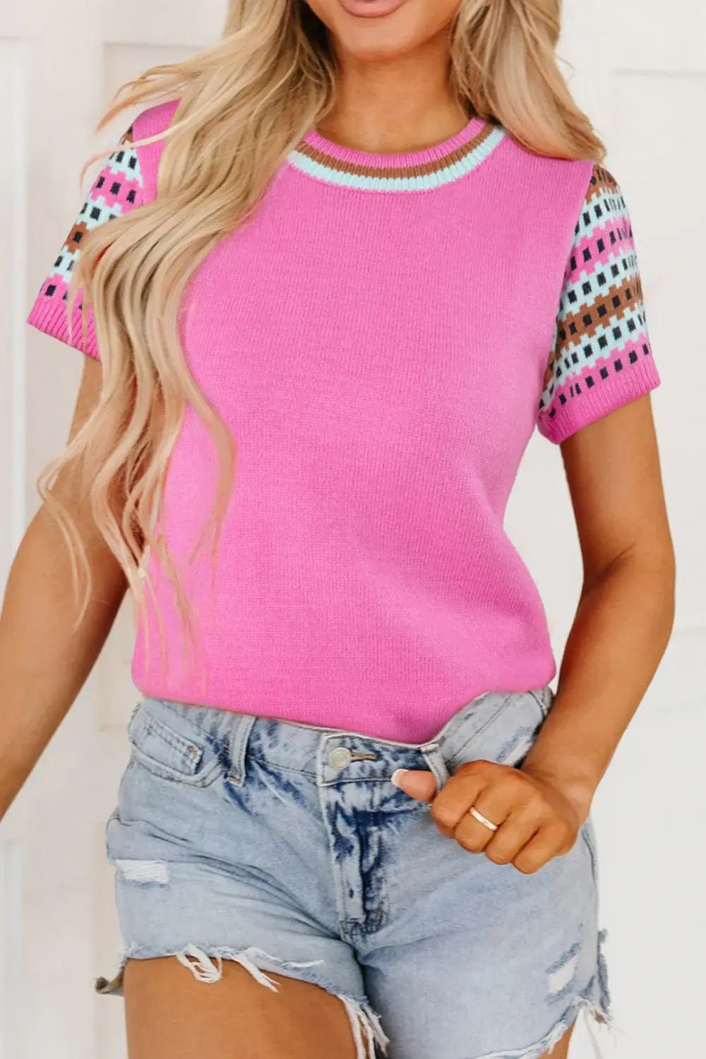 Contrast Short Sleeves Round Neck Sweater - Trendsi - Flyclothing LLC