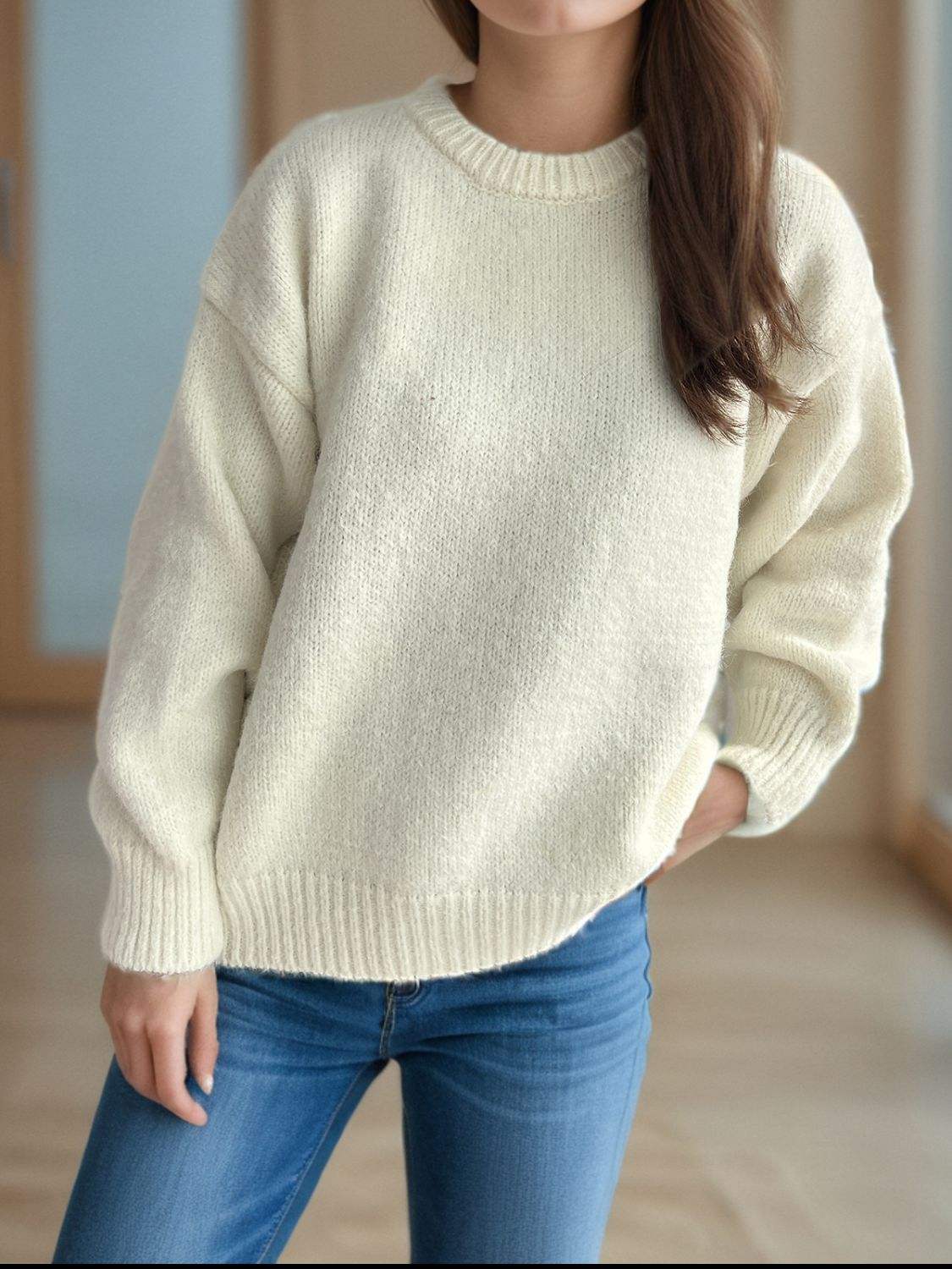 Round Neck Long Sleeve Sweater - Trendsi - Flyclothing LLC