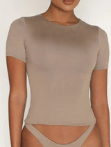 Round Neck Short Sleeve Swim Top - Trendsi - Flyclothing LLC
