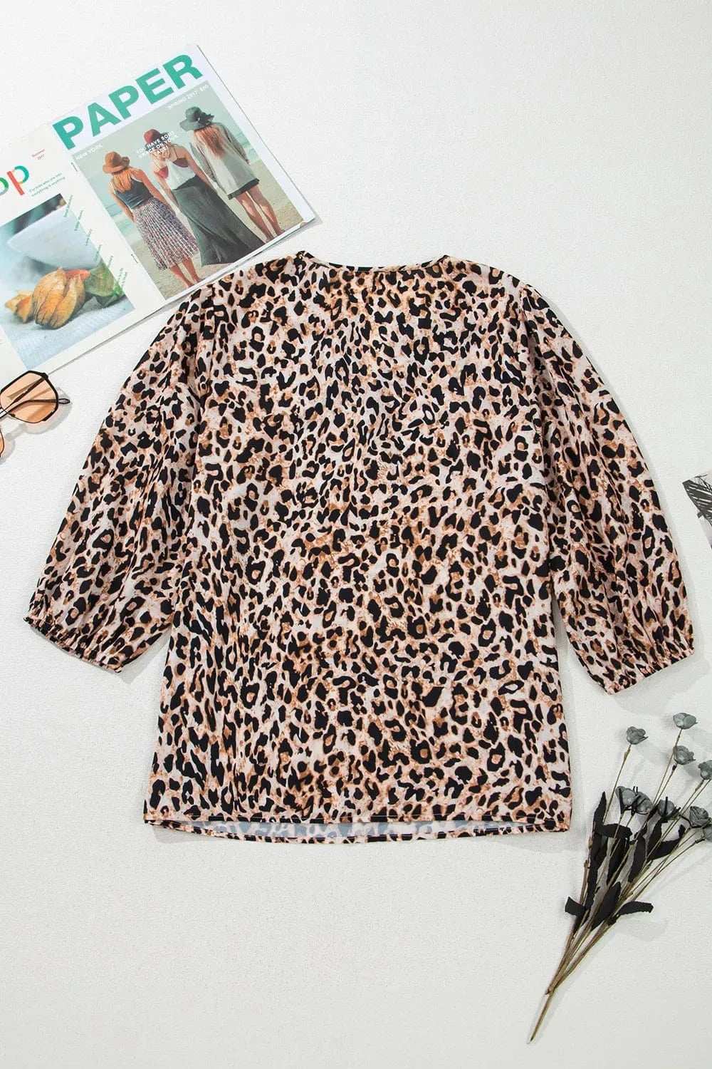Leopard Notched Half Sleeve Blouse - Trendsi - Flyclothing LLC