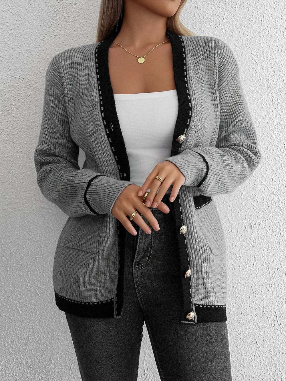 Contrast Trim Button Up Long Sleeve Cardigan - Trendsi - Flyclothing LLC