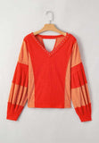 Studded Waffle-Knit V-Neck Long Sleeve Top - Trendsi - Flyclothing LLC