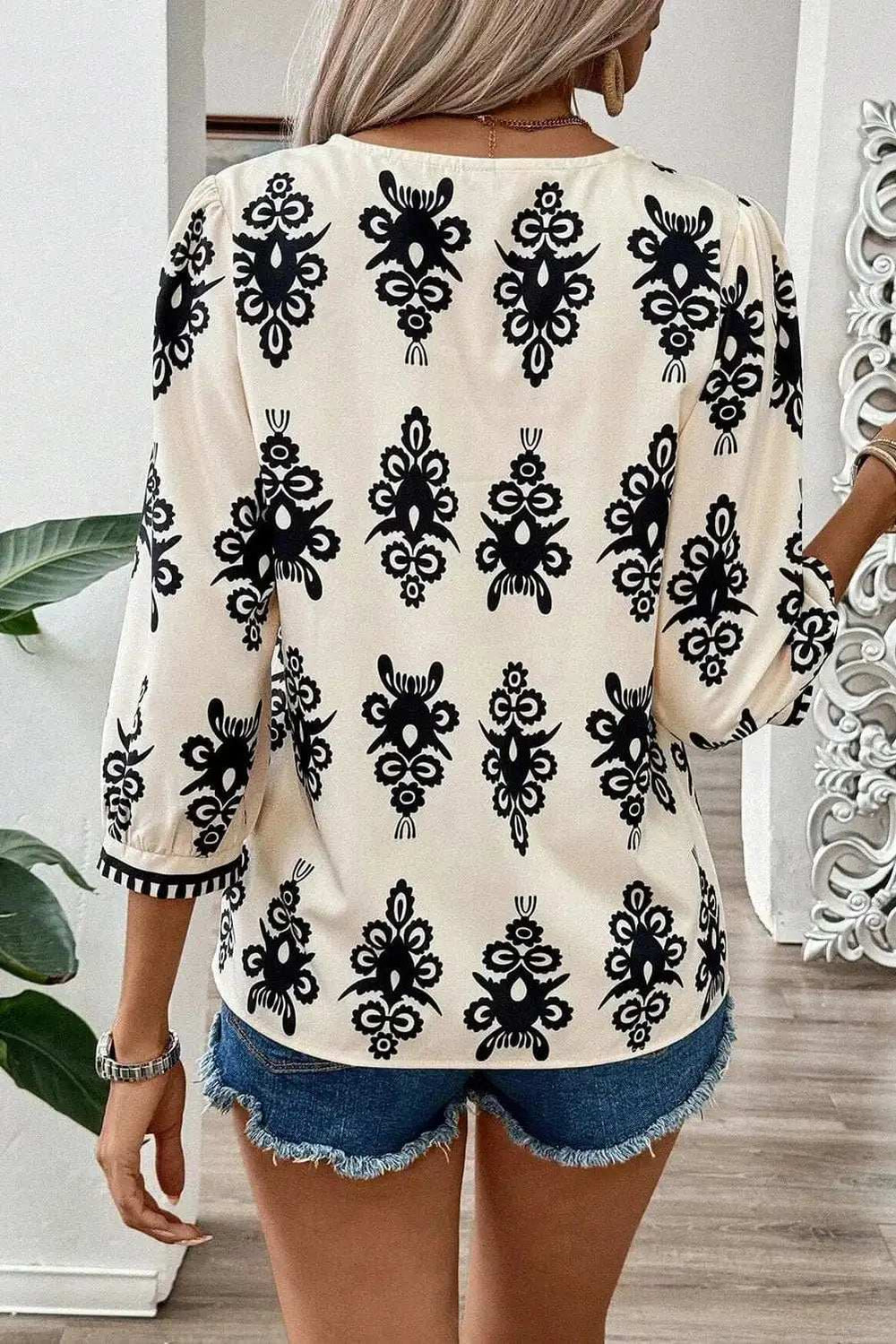 Printed V-Neck Three-Quarter Sleeve Blouse - Trendsi - Flyclothing LLC