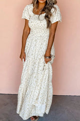 Floral Smocked Short Puff Sleeve Maxi Dress - Trendsi - Flyclothing LLC