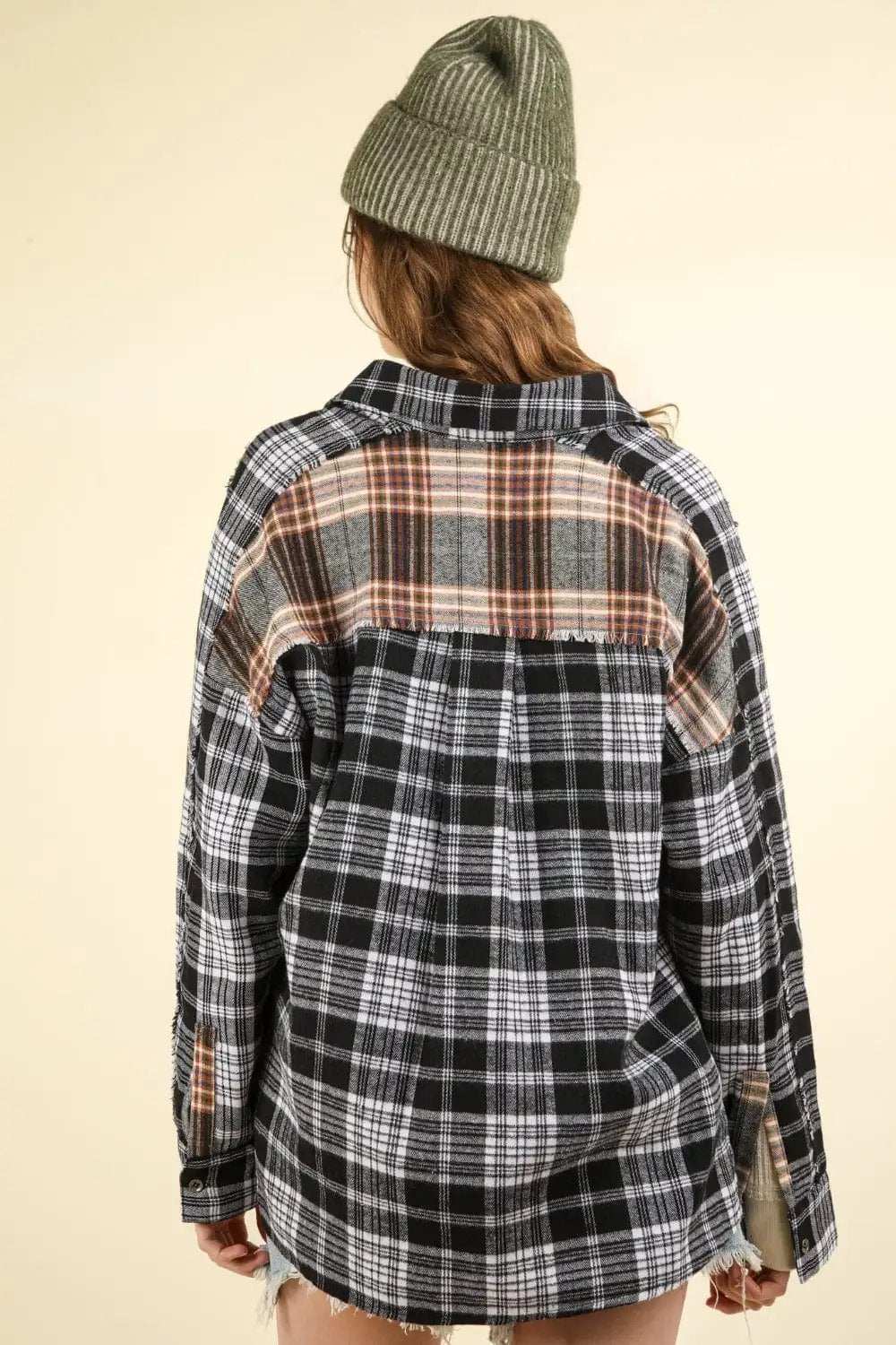 VERY J Contrast Plaid Raw Detail Shirt - Trendsi - Flyclothing LLC