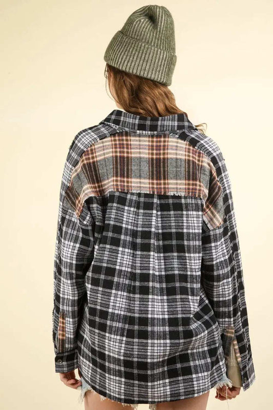 VERY J Contrast Plaid Raw Detail Shirt - Trendsi - Flyclothing LLC