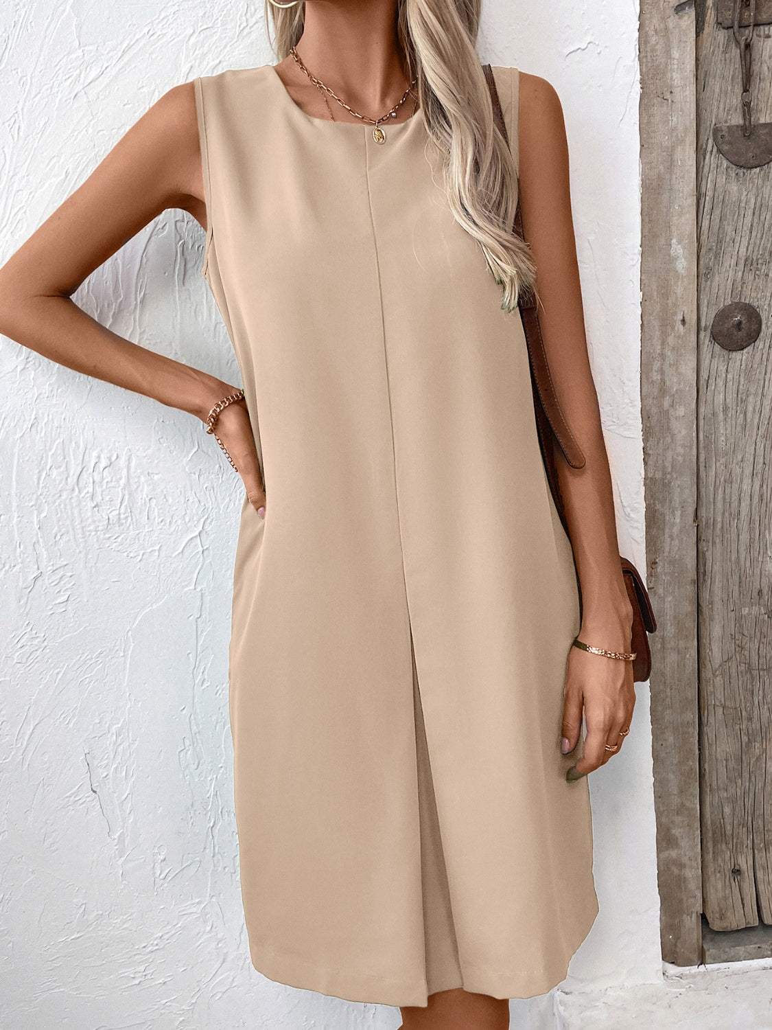 Pocketed Round Neck Sleeveless Mini Dress - Trendsi - Flyclothing LLC